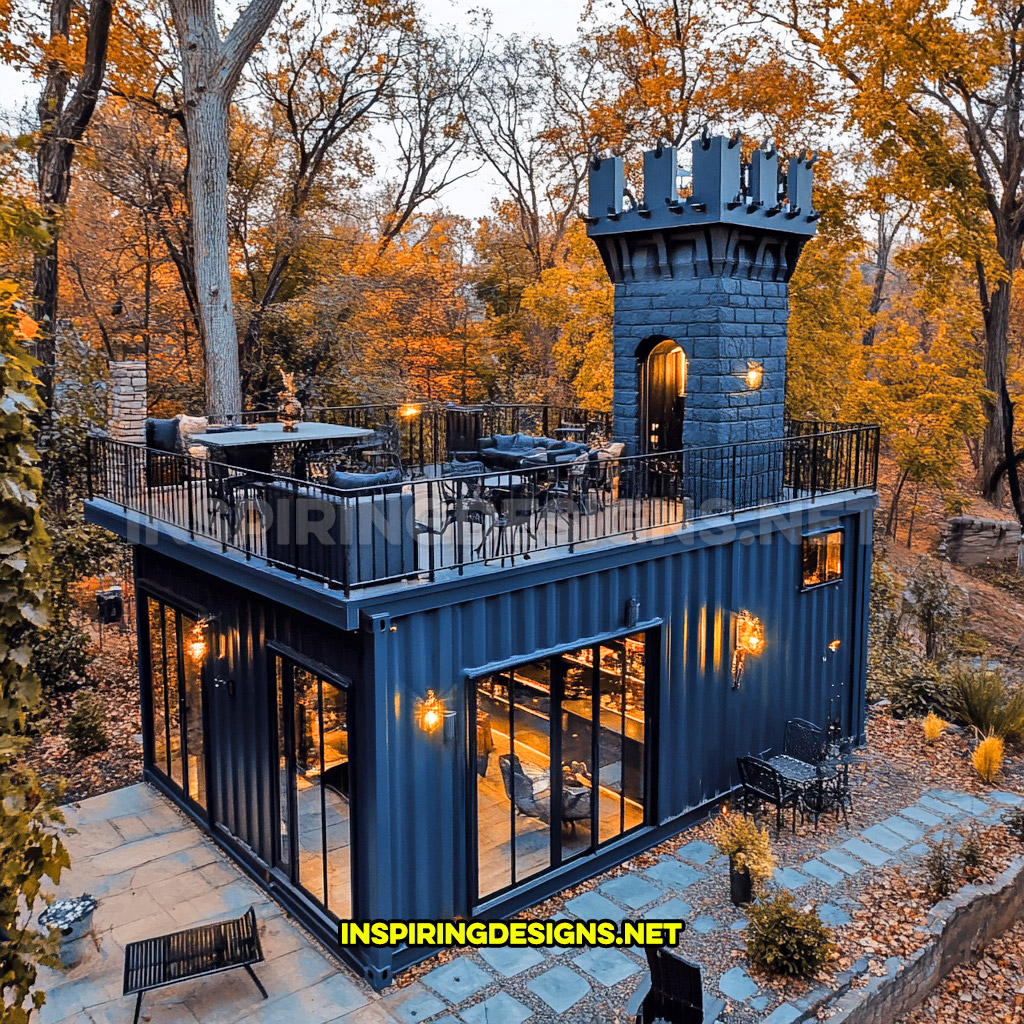 shipping container backyard bar in a blue and black color 