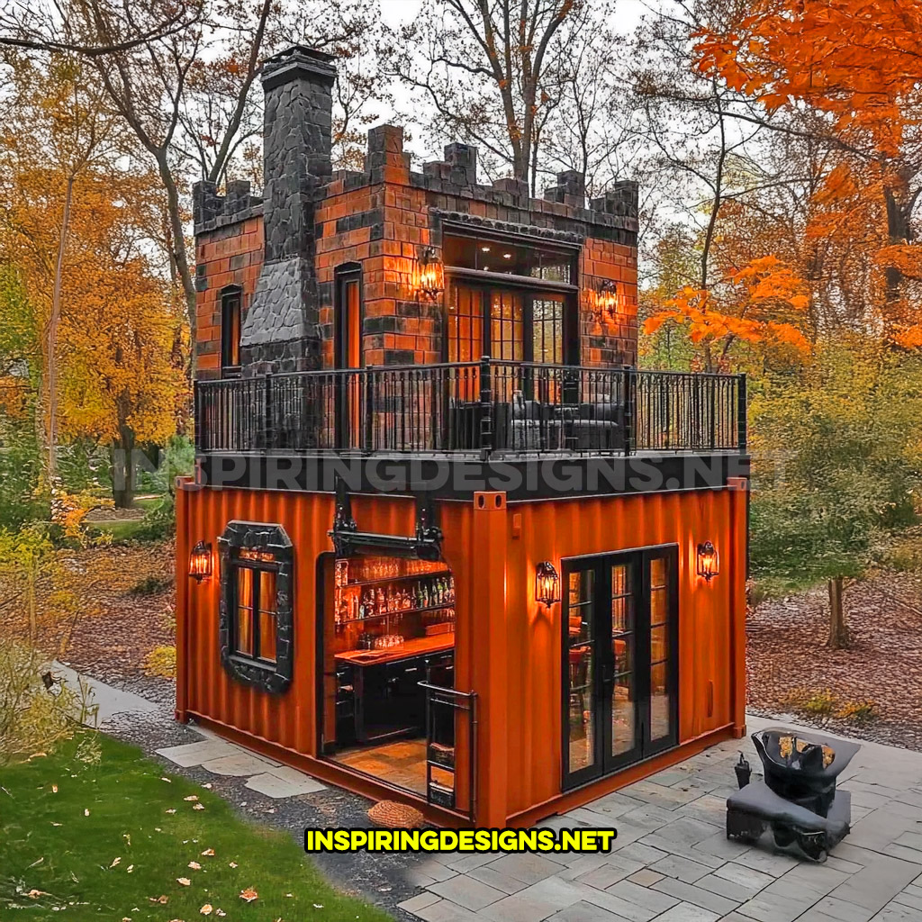 shipping container backyard bar in an orange and black color