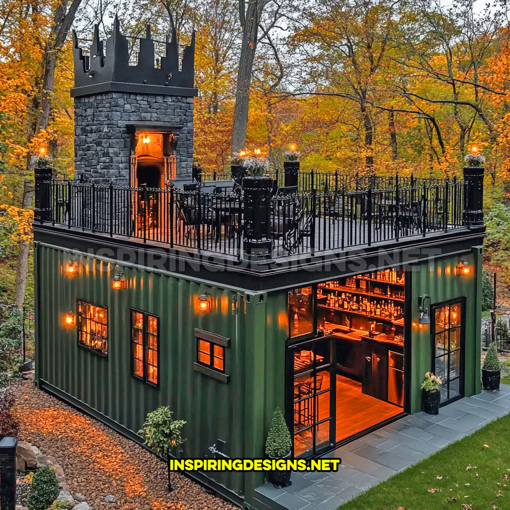 shipping container backyard bar in a green and black color