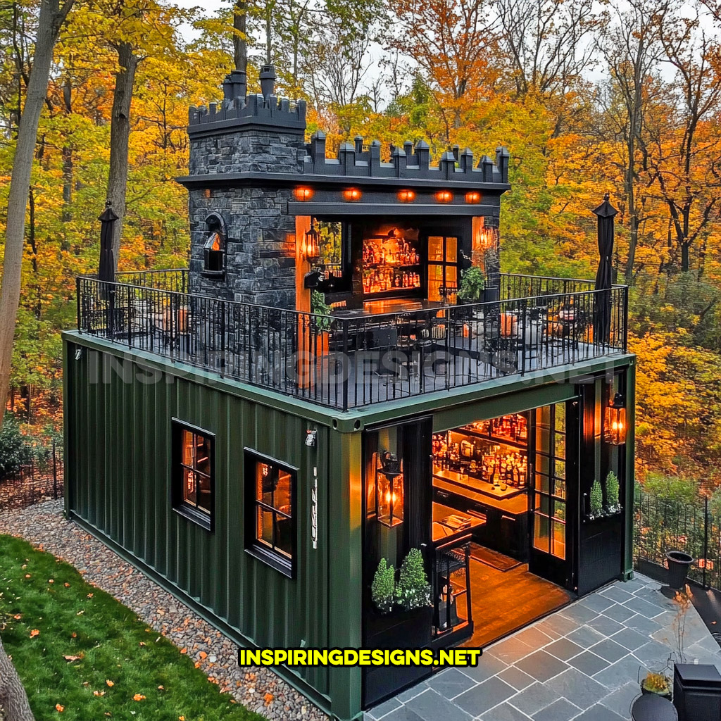 shipping container backyard bar in a dark green and black color