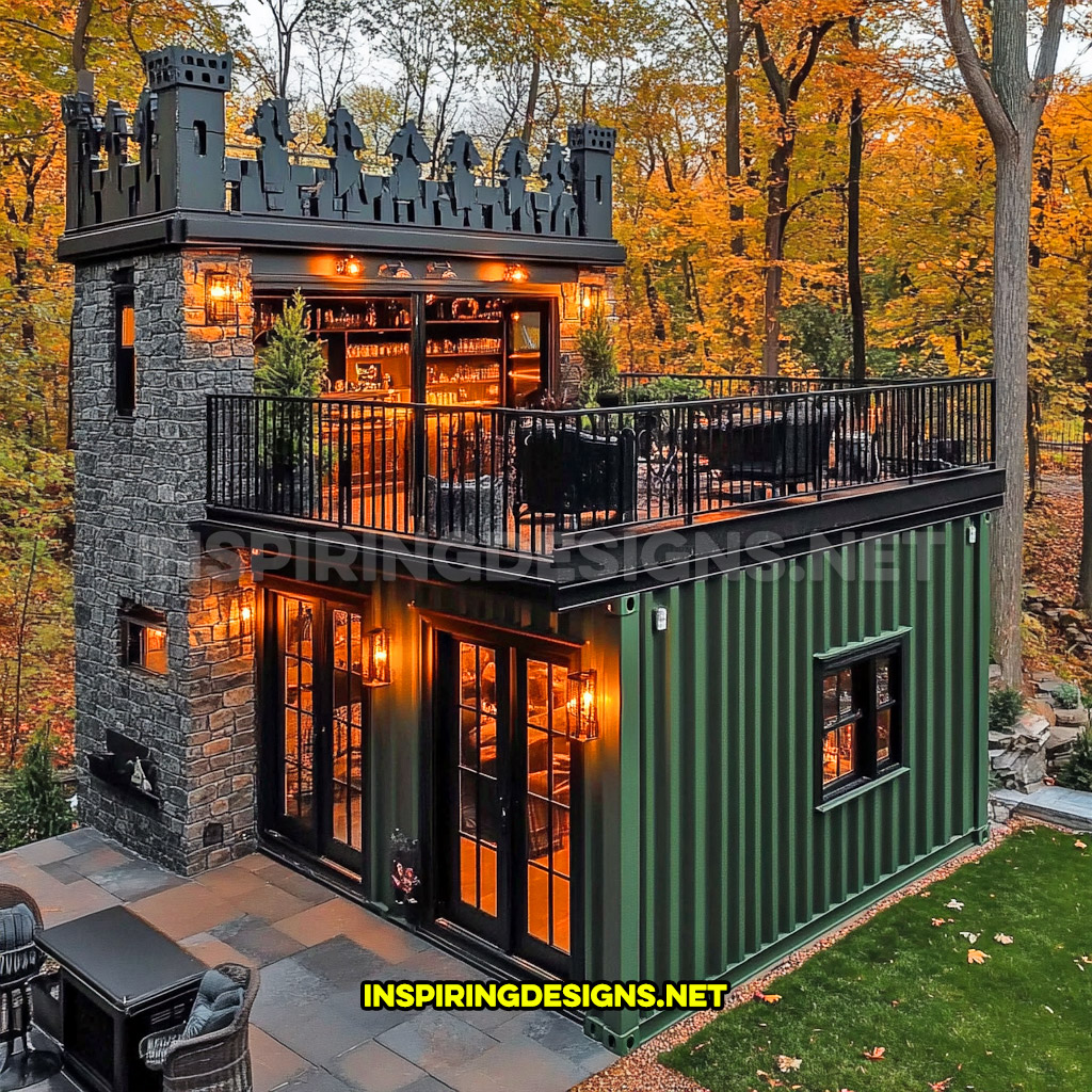 shipping container backyard bar in a green and black color