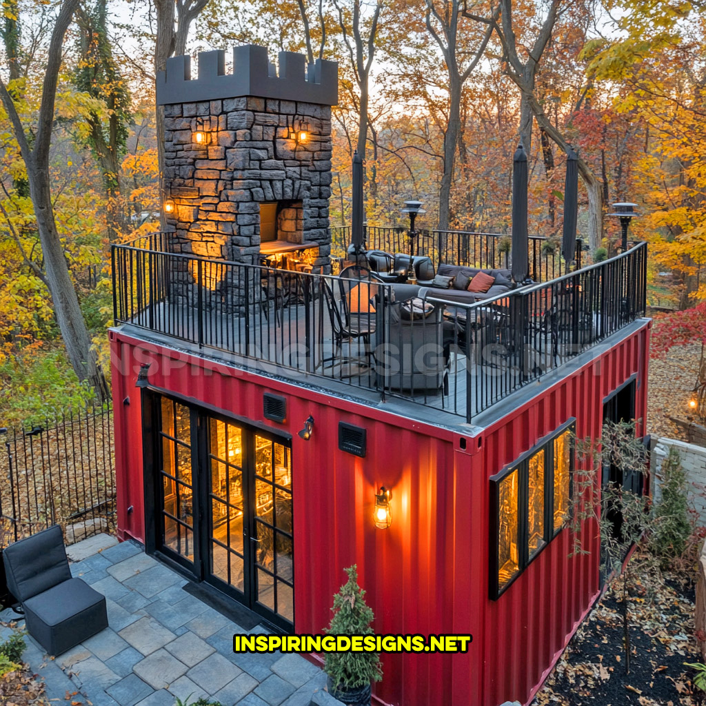 shipping container backyard bar in a dark red and black color