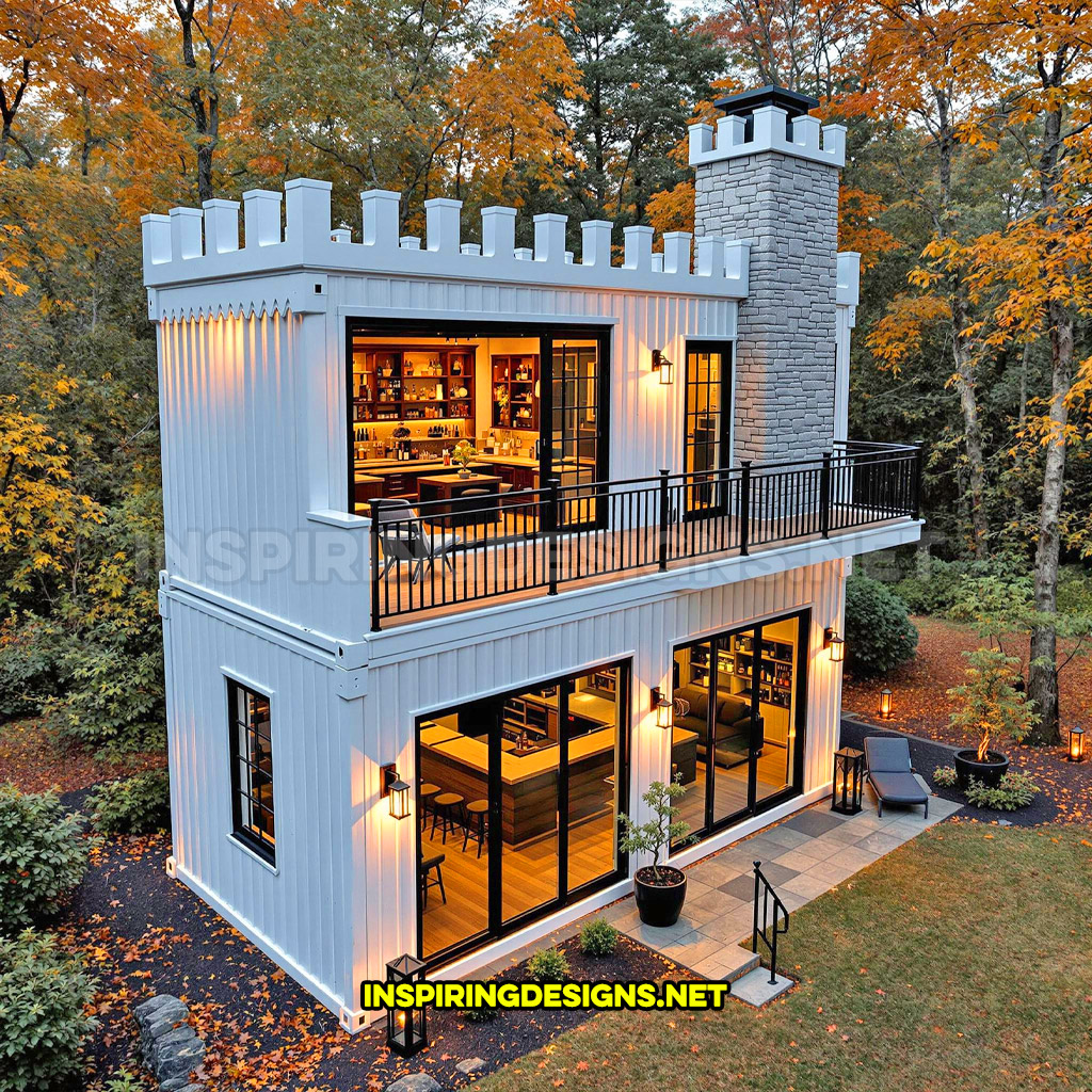 shipping container backyard bar in an all white color