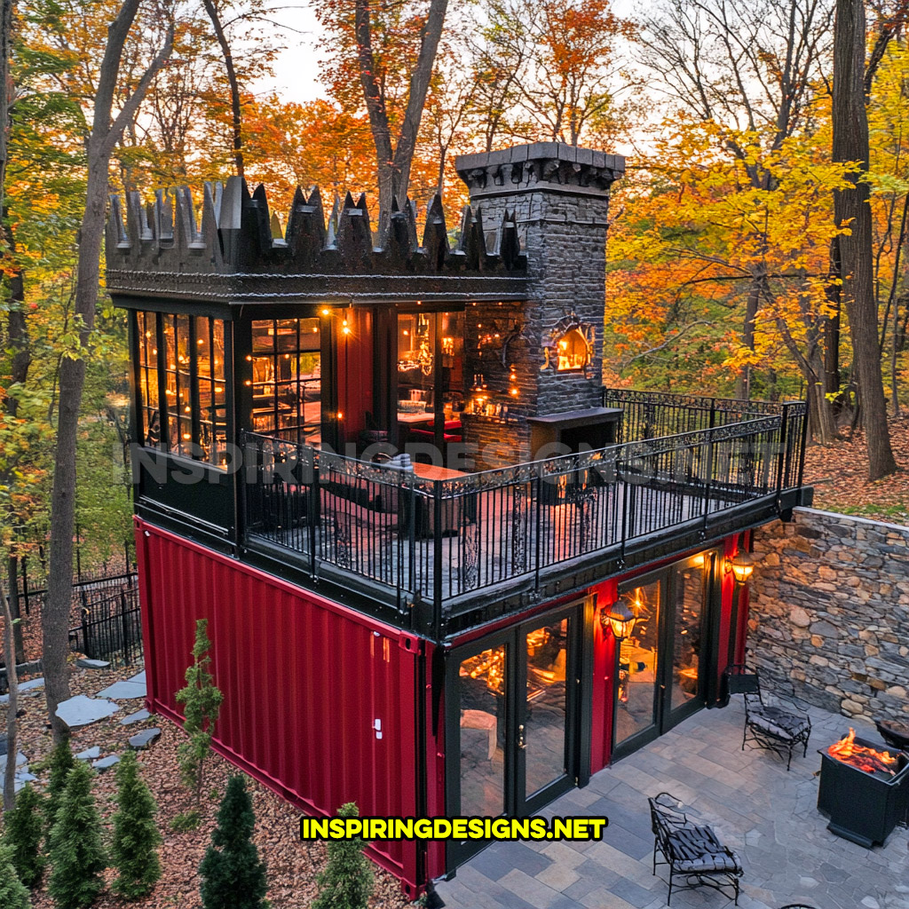 shipping container backyard bar in a maroon and black color