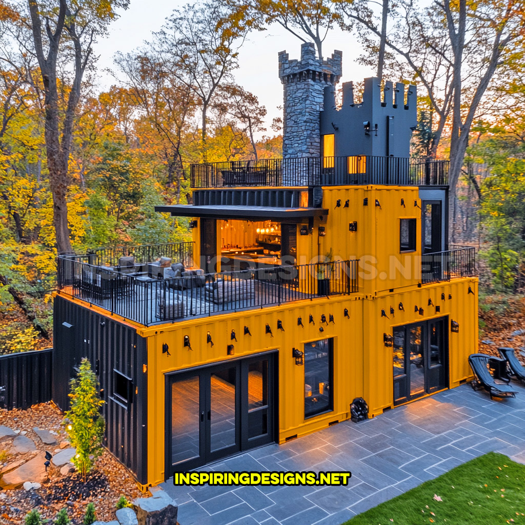 shipping container backyard bar in a yellow and black color