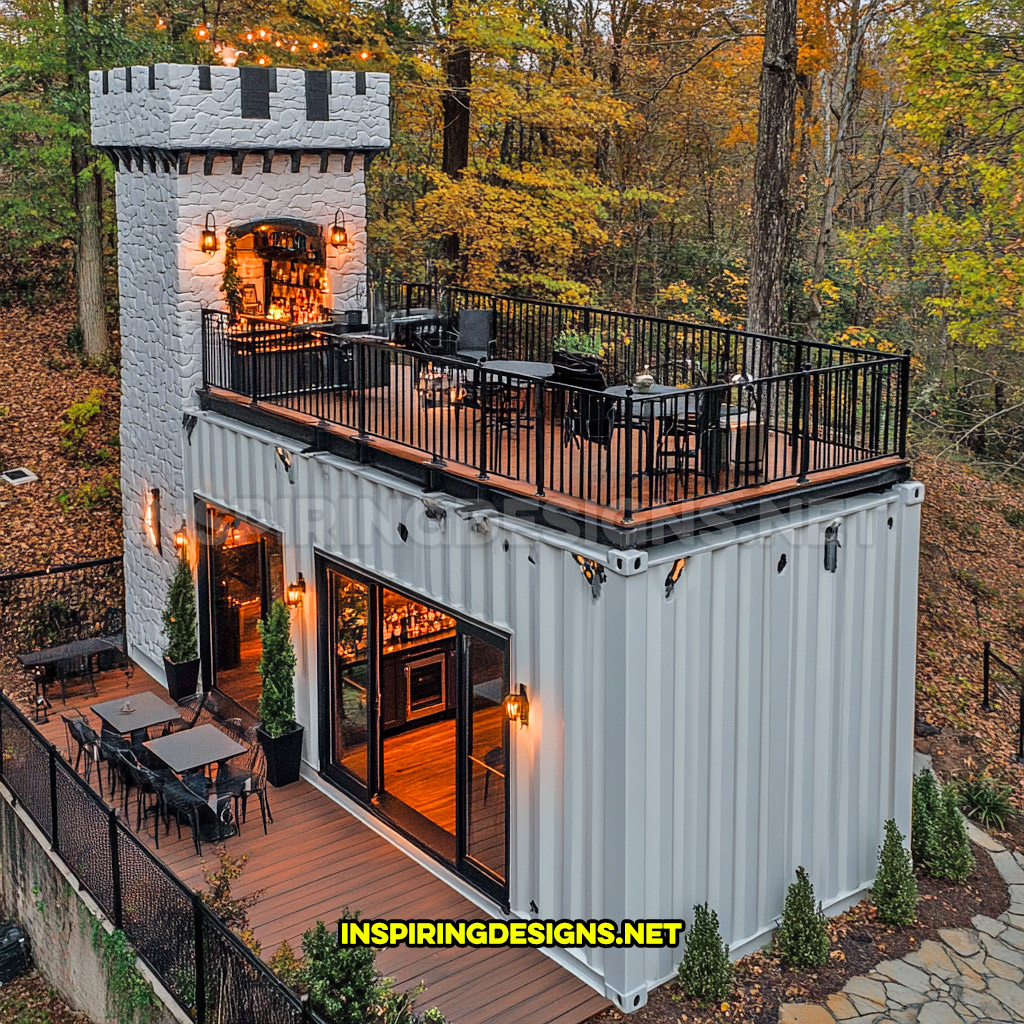 shipping container backyard bar in an all white color