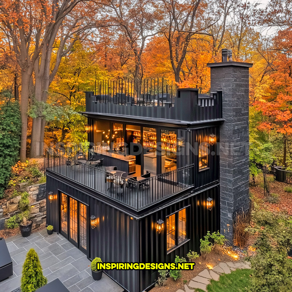 shipping container backyard bar in an all black color