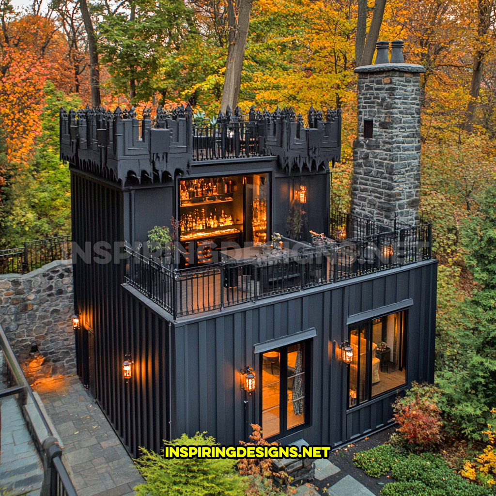 shipping container backyard bar in an all black color