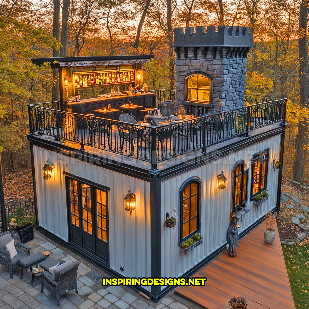 shipping container backyard bar in a grey and black color