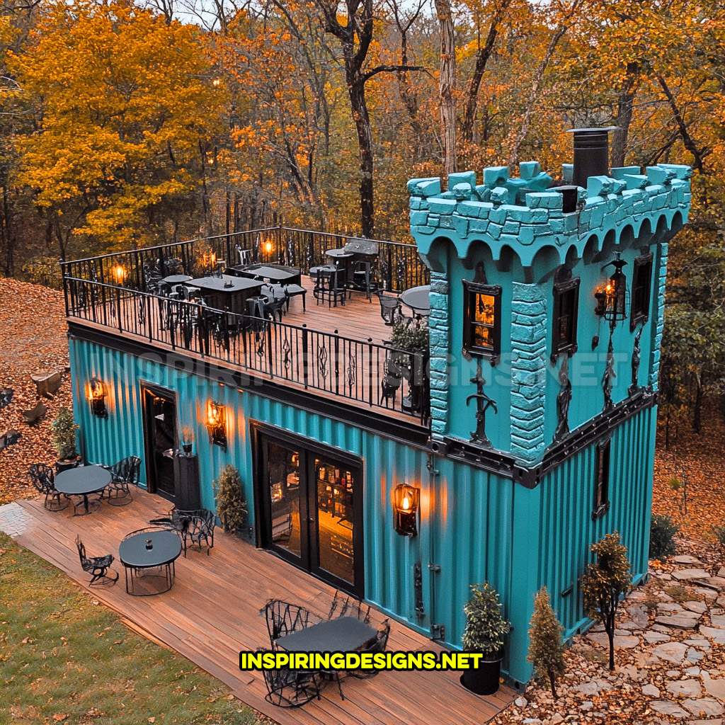 shipping container backyard bar in a turquoise and black color