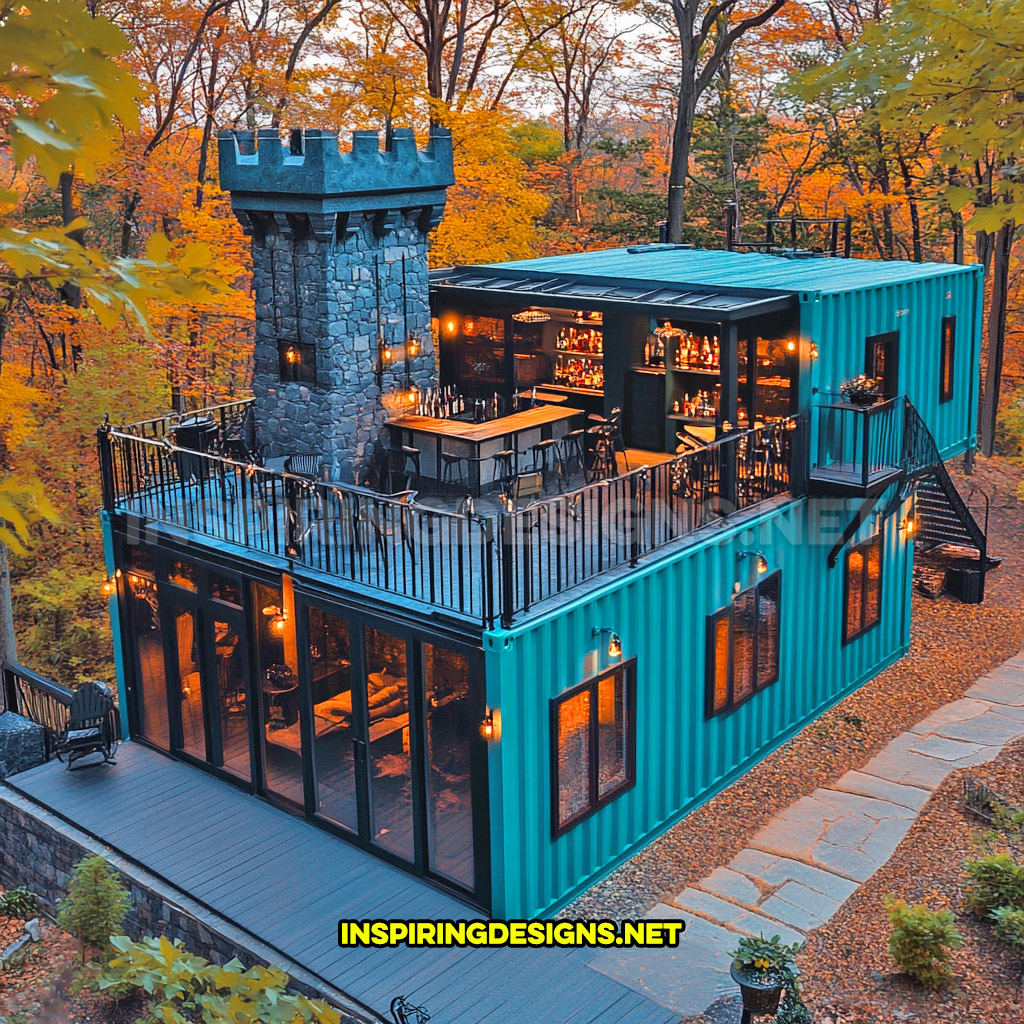 shipping container backyard bar in a turquoise and black color