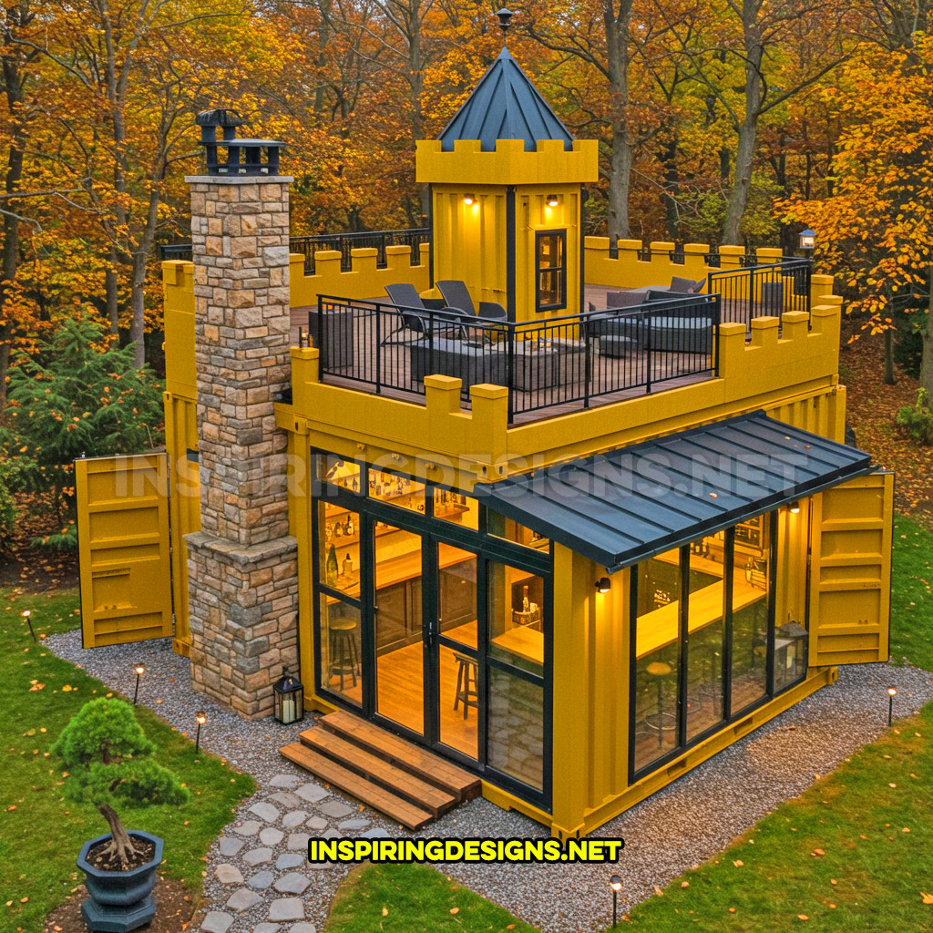 shipping container backyard bar in a yellow and black color