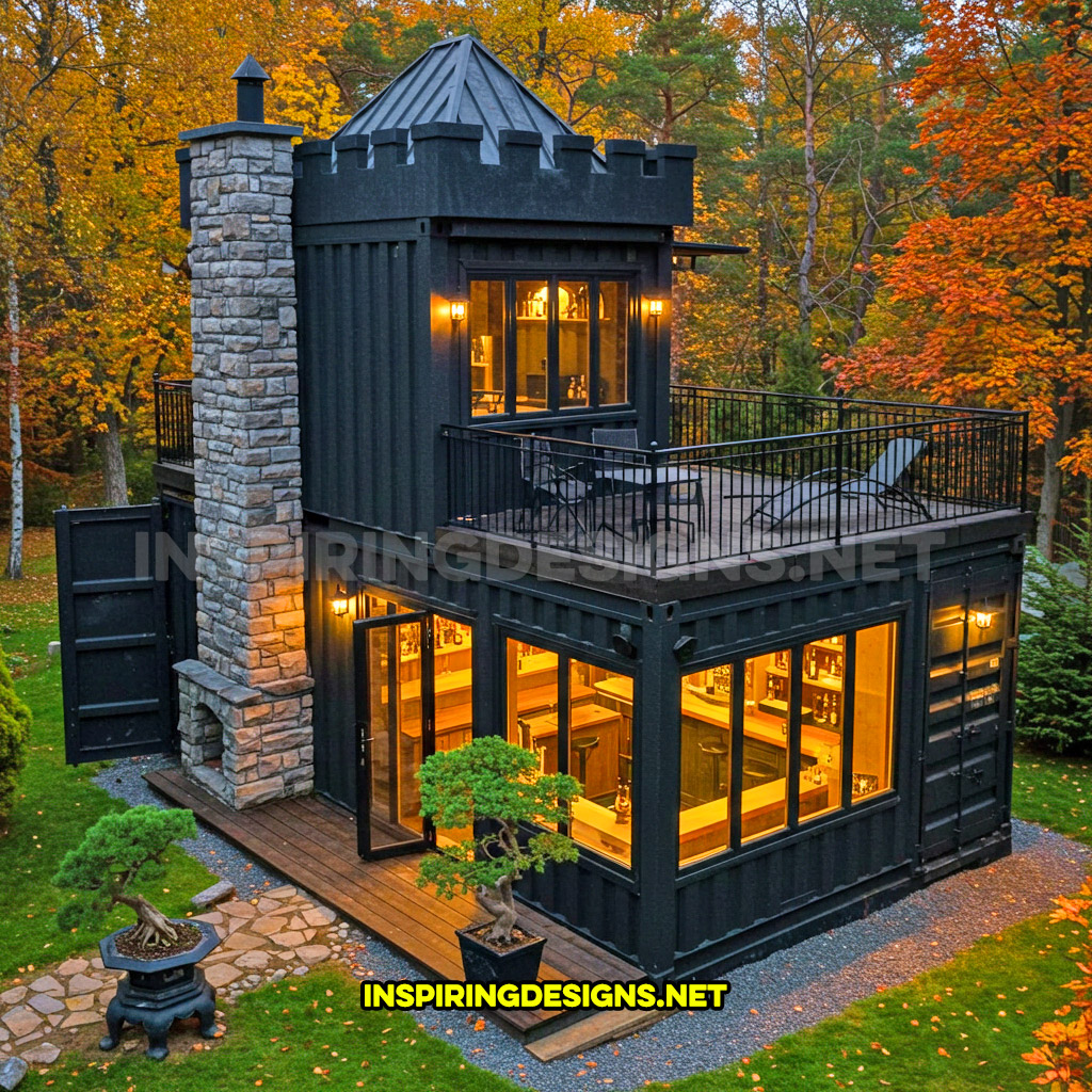 shipping container backyard bar in an all black color