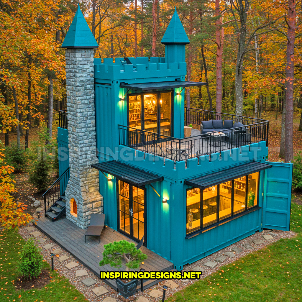 shipping container backyard bar in a turquoise and black color