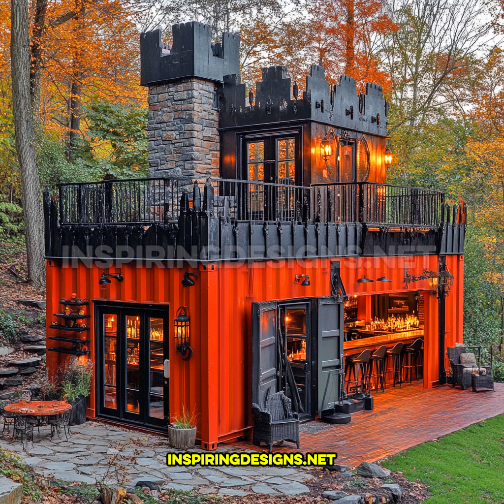 shipping container backyard bar in a bright orange and black color