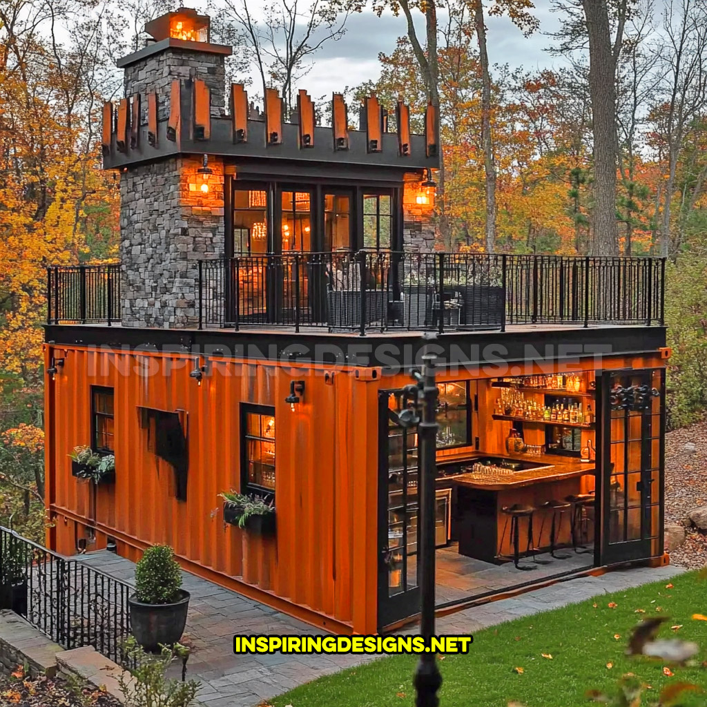 shipping container backyard bar in an orange and black color