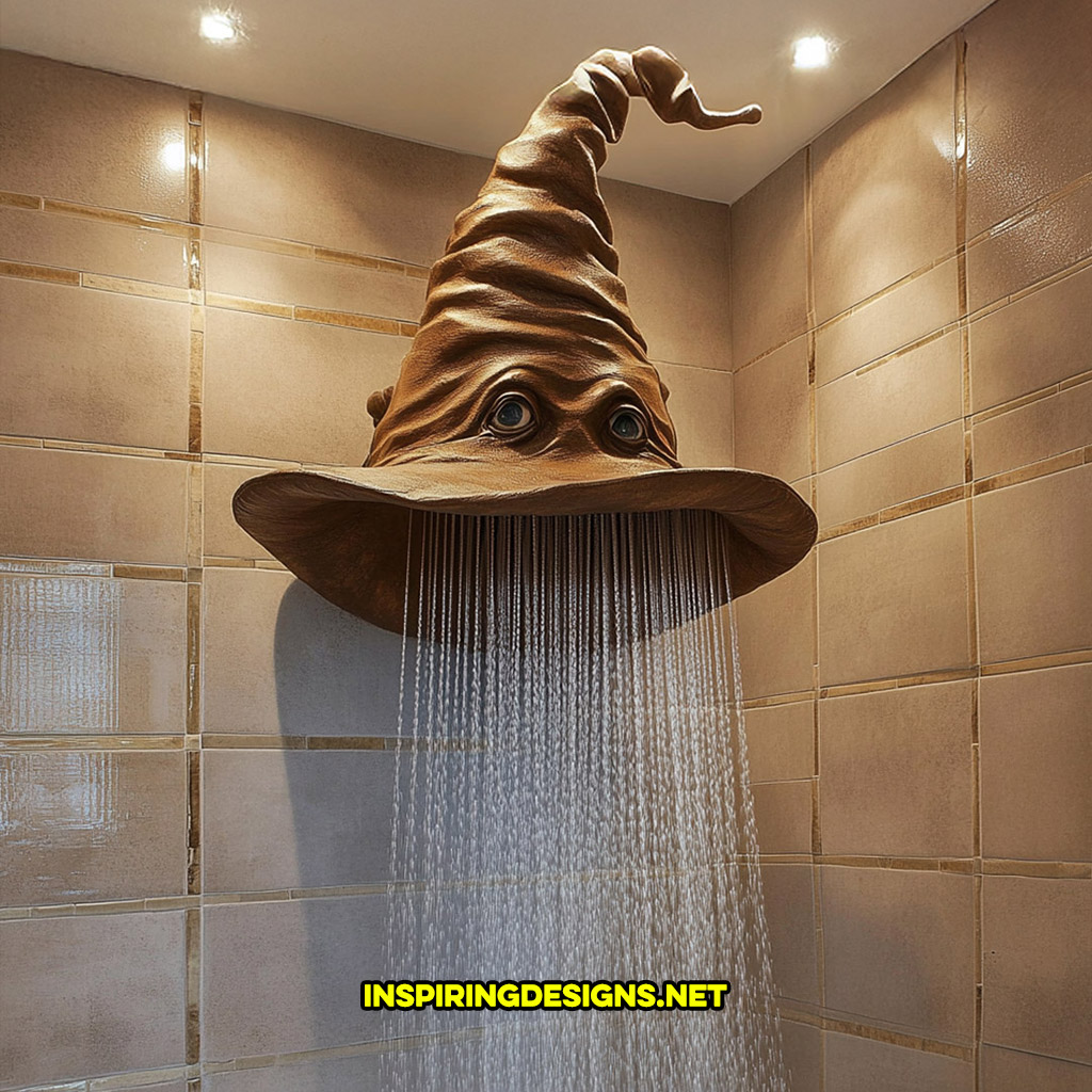 Harry Potter sorting hat shaped shower head on a white tile wall