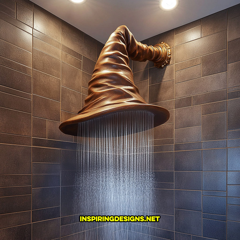 Harry Potter sorting hat shaped shower head on a dark blue tile wall