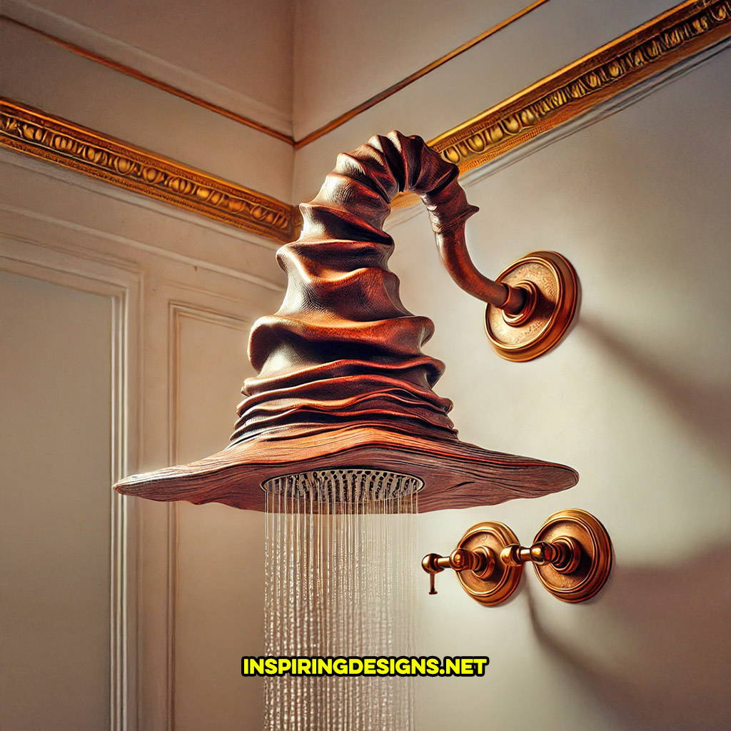 Harry Potter sorting hat shaped shower head in a luxury white and gold shower