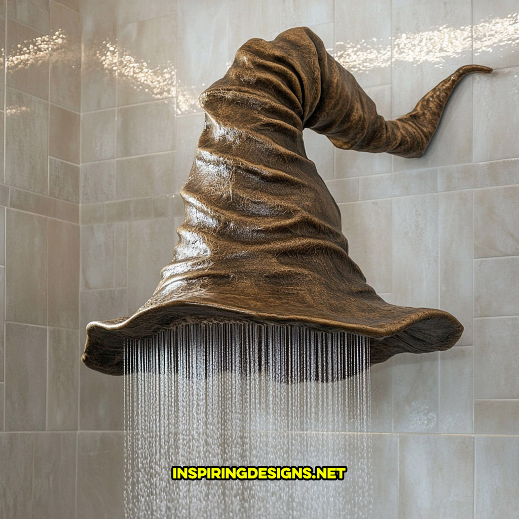 Harry Potter sorting hat shaped shower head on a white tile wall