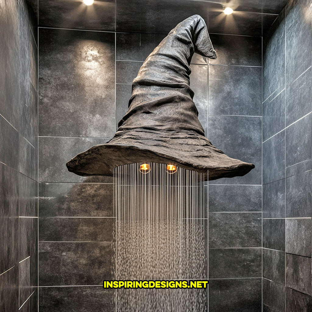 Harry Potter sorting hat shaped shower head on a black tile wall