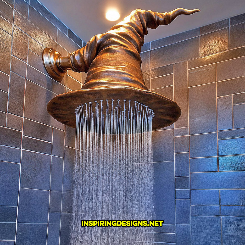 Harry Potter sorting hat shaped shower head on a blue tile wall