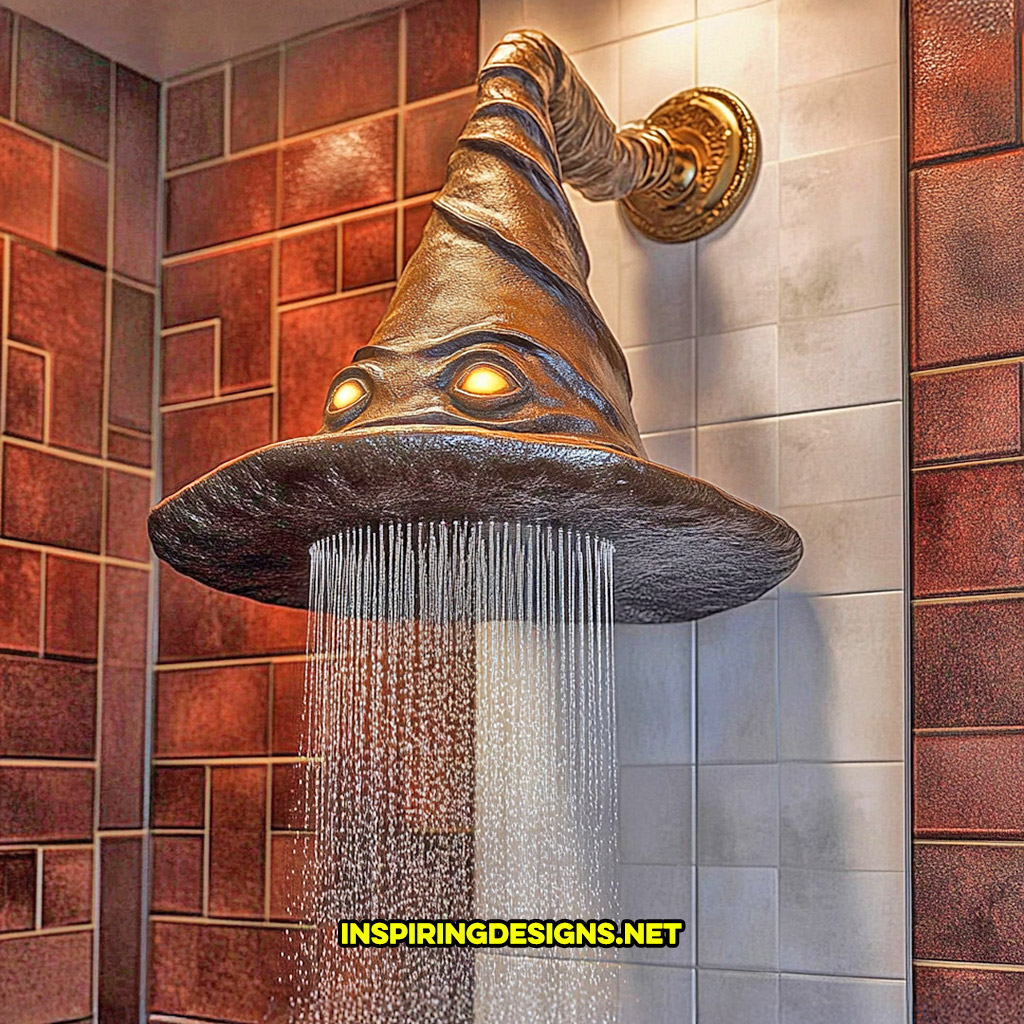 Harry Potter sorting hat shaped shower head on a brown and white tile wall