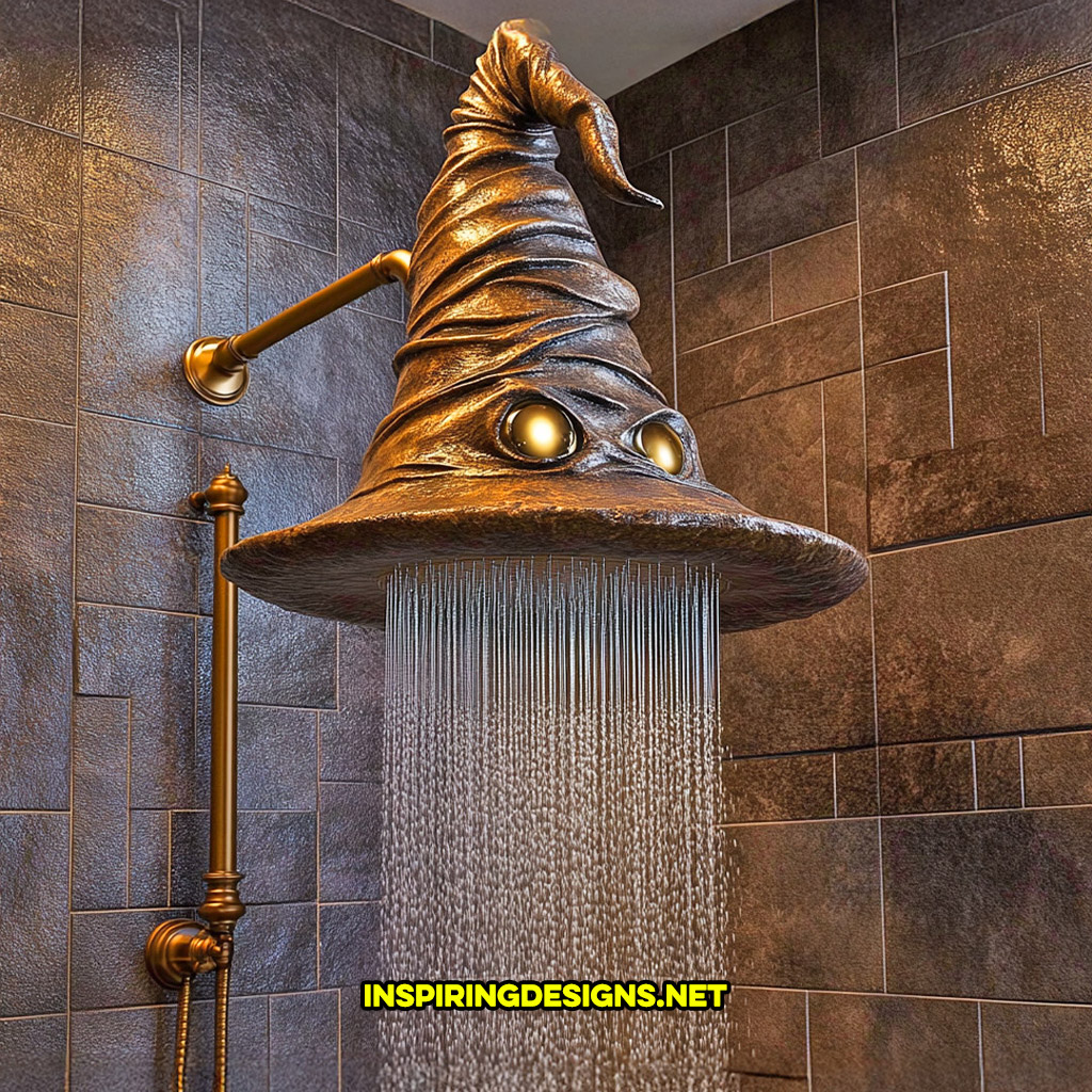 Harry Potter sorting hat shaped shower head on a dark grey tile wall