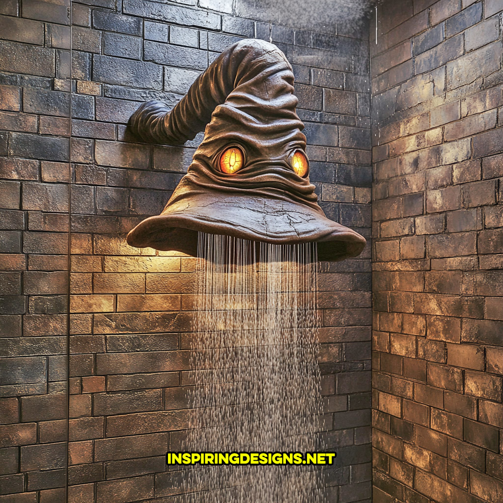 Harry Potter sorting hat shaped shower head on a brick tile wall