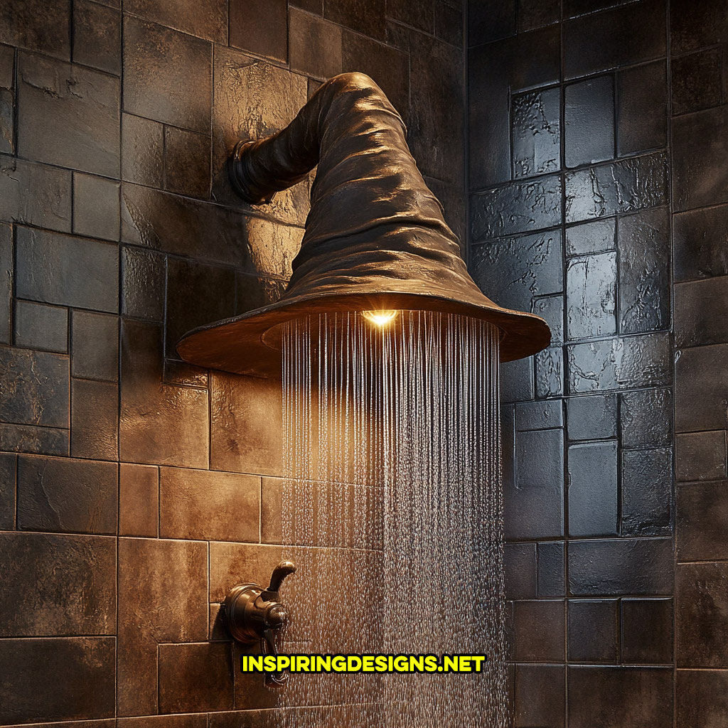 Harry Potter sorting hat shaped shower head on a brown brick tile wall