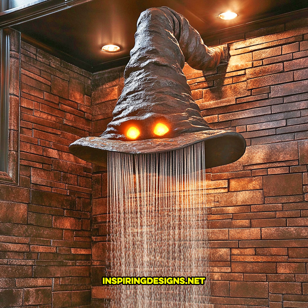 Harry Potter sorting hat shaped shower head on a brown brick wall
