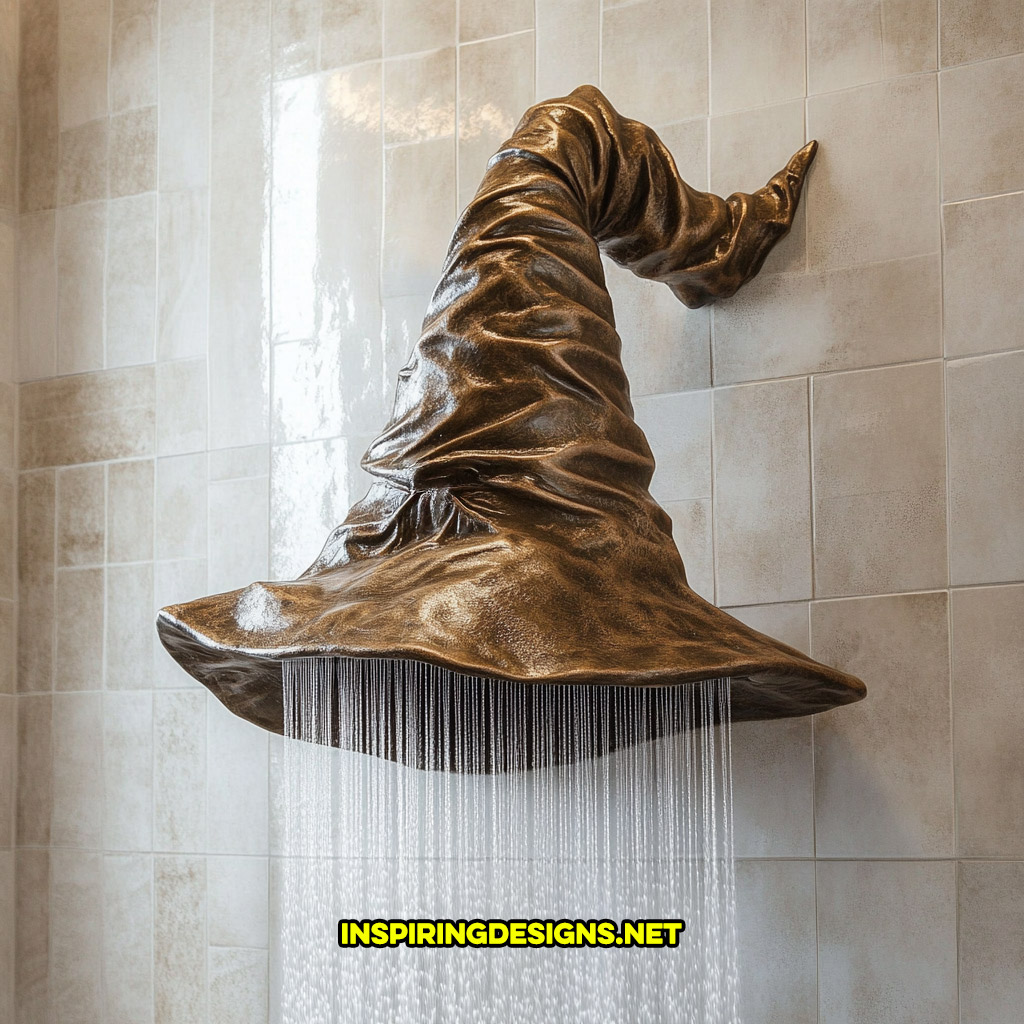 Harry Potter sorting hat shaped shower head on a white tile wall