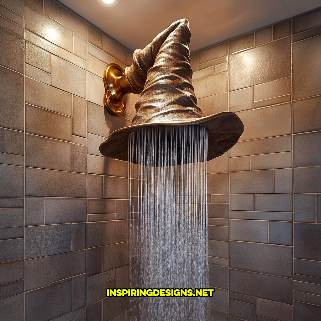 Harry Potter sorting hat shaped shower head on a dark grey tile wall