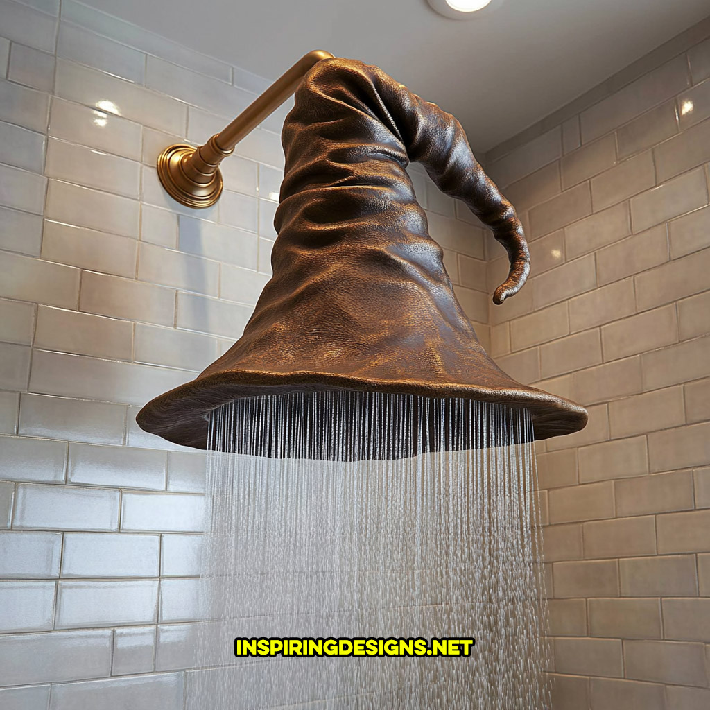 Harry Potter sorting hat shaped shower head on a white tile wall