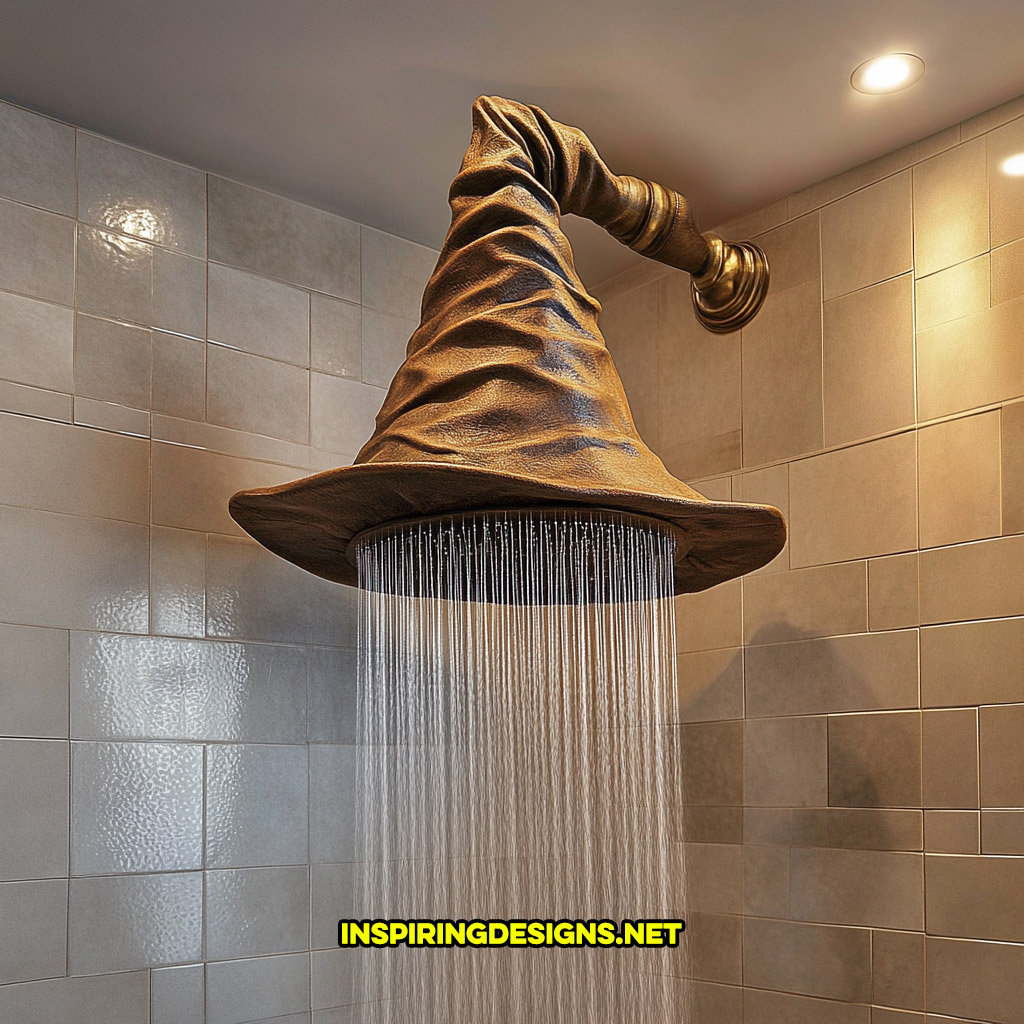 Harry Potter sorting hat shaped shower head on a light grey tile wall