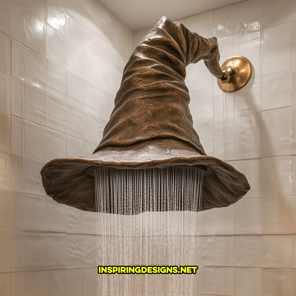 Harry Potter sorting hat shaped shower head on a white tile wall