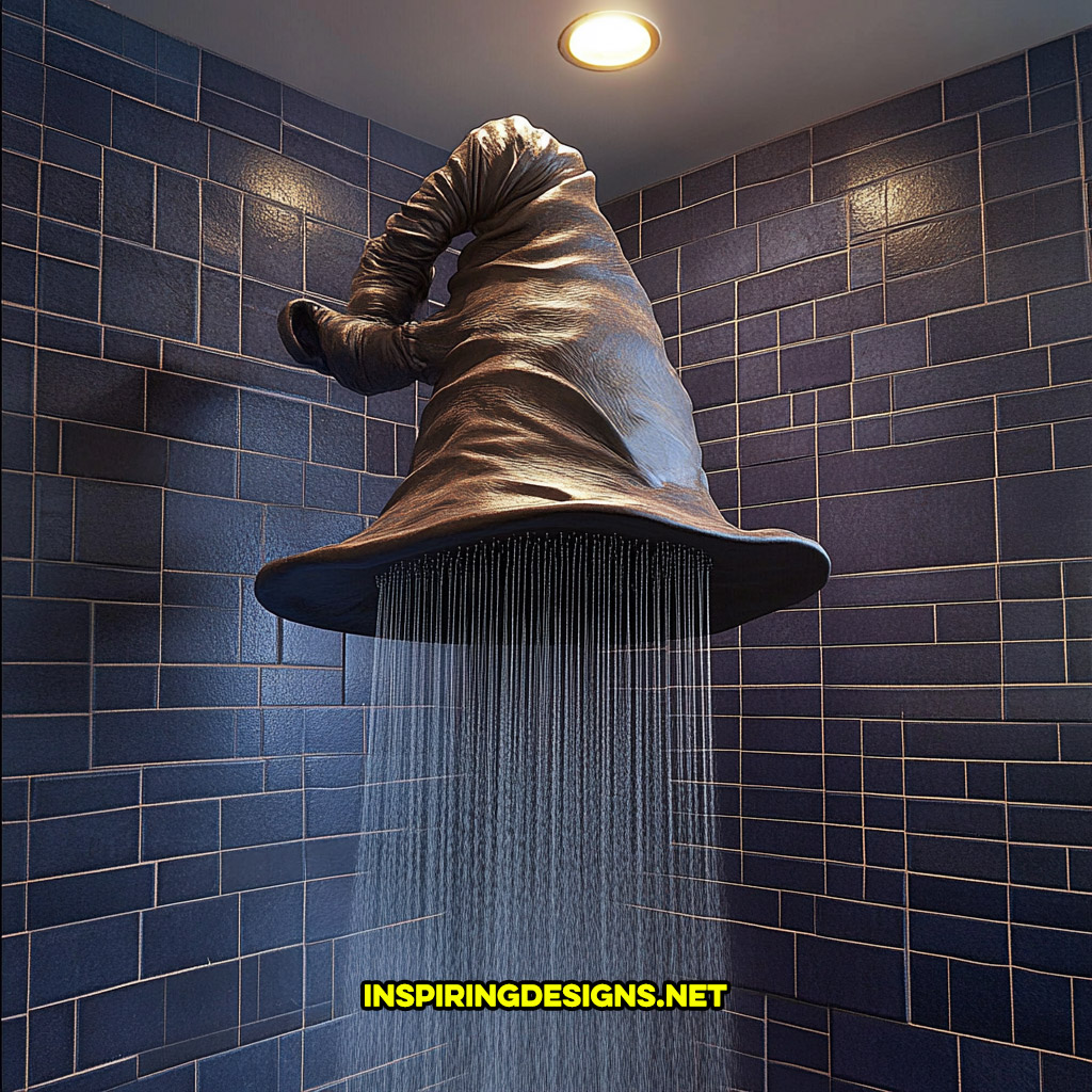 Harry Potter sorting hat shaped shower head on a dark blue tile wall