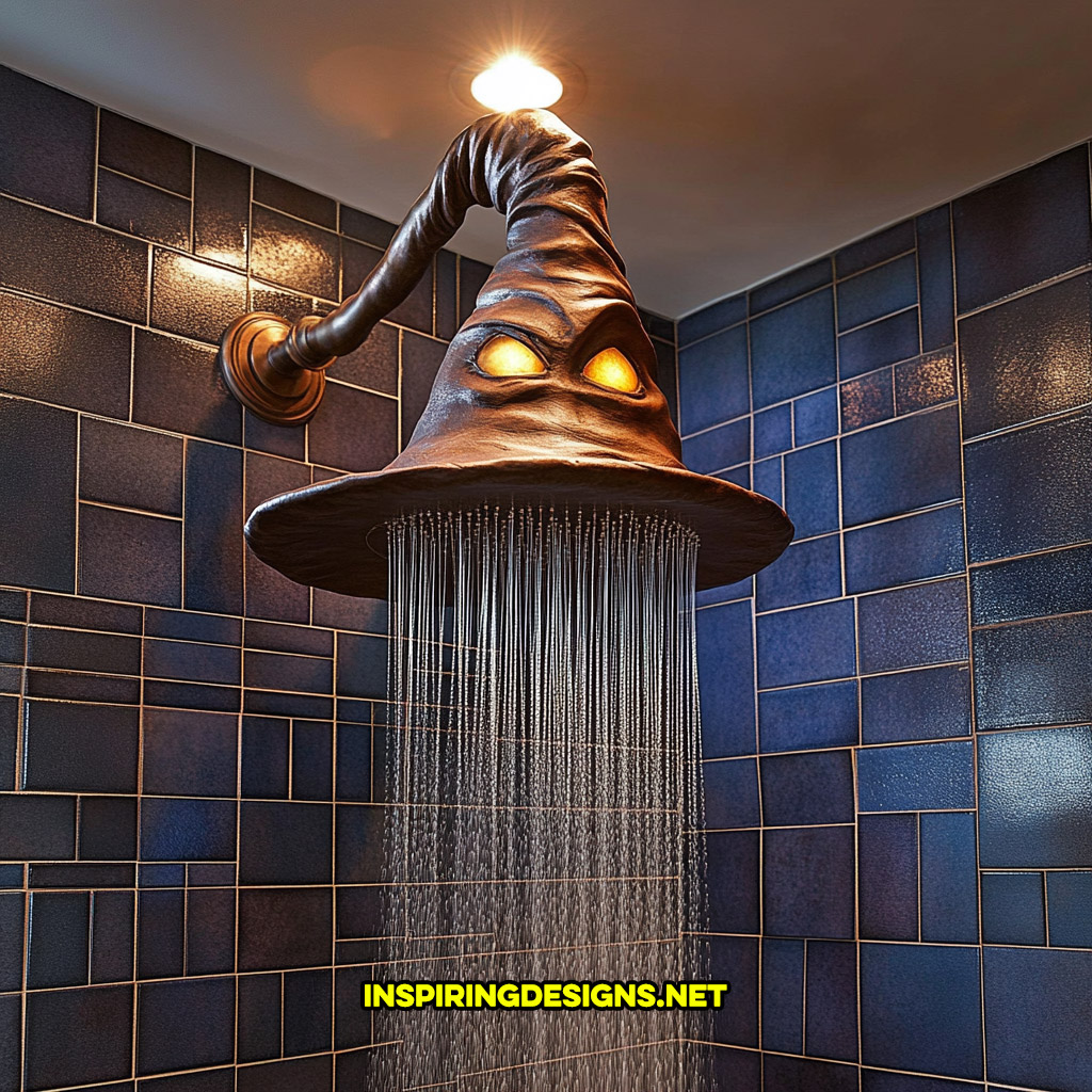 Harry Potter sorting hat shaped shower head on a dark blue tile wall