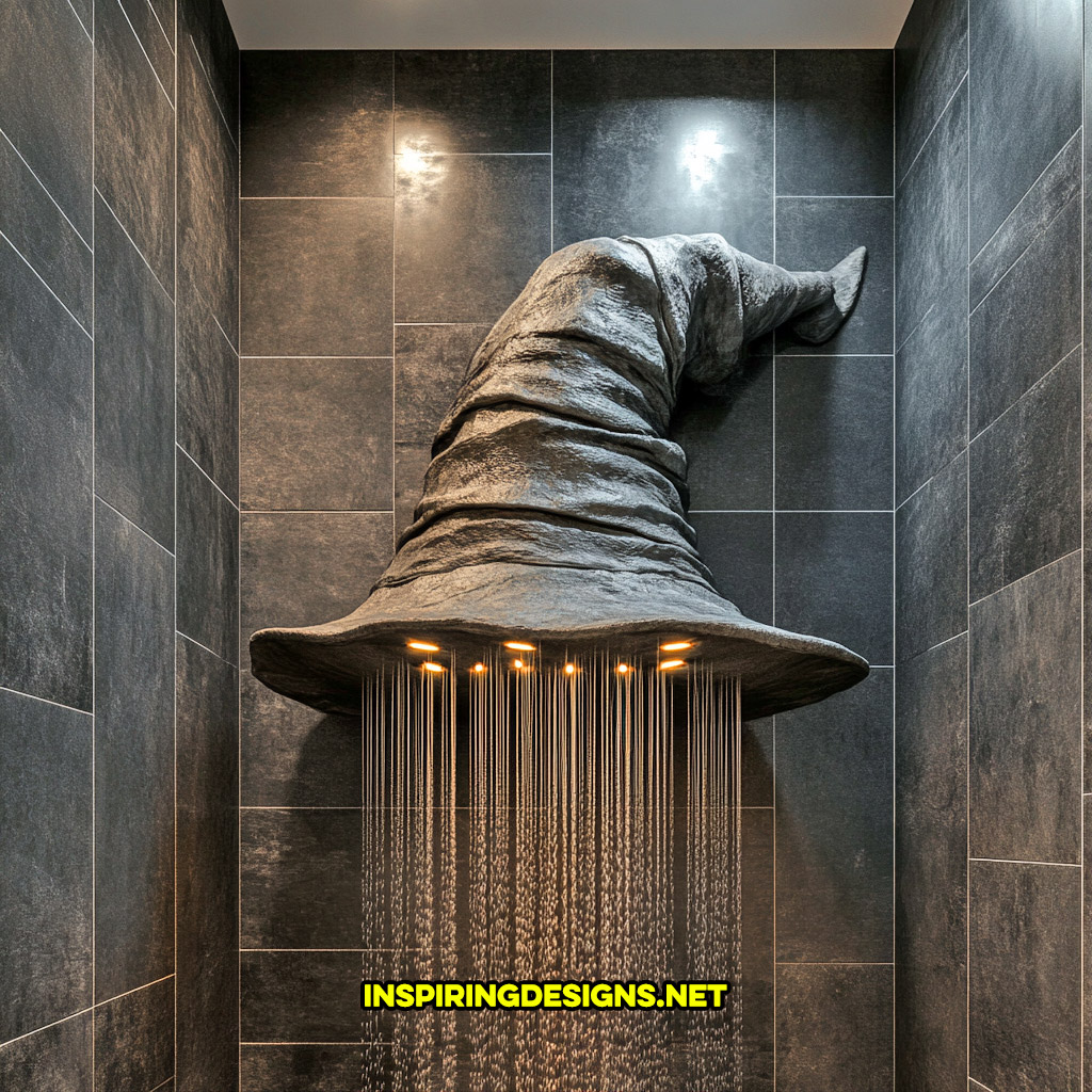 Harry Potter sorting hat shaped shower head on a black tile wall