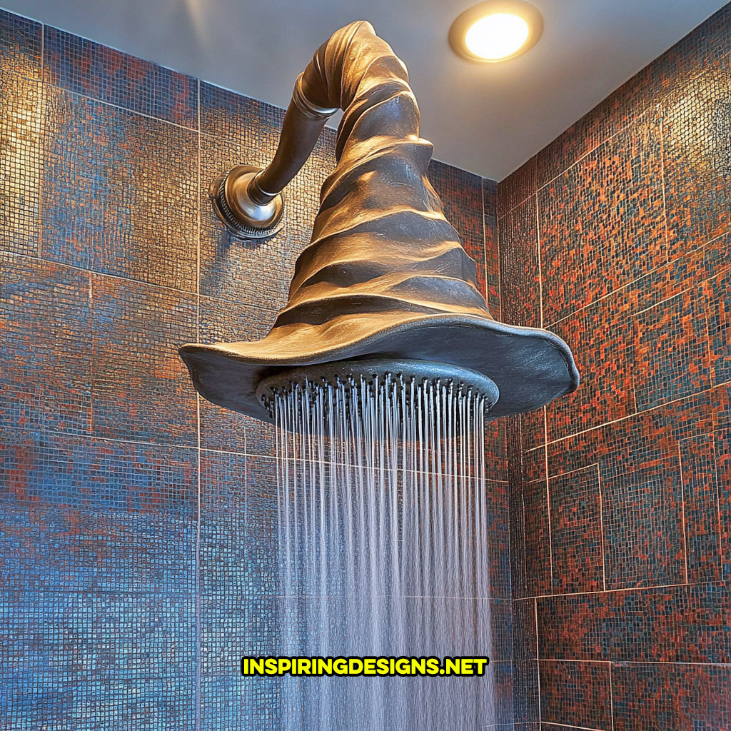 Harry Potter sorting hat shaped shower head on a brown tile wall