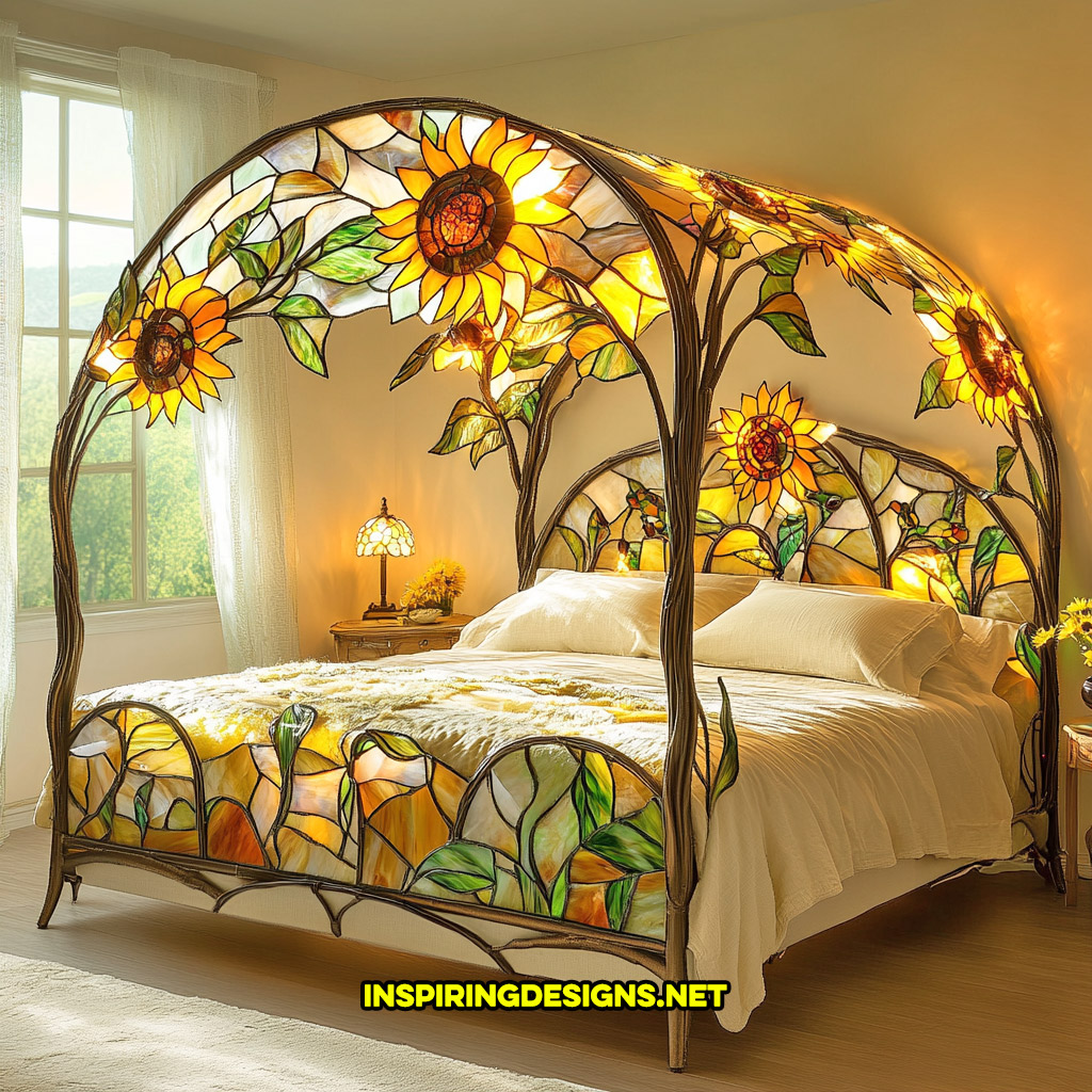 canopy style stained glass bed in a sunflower design