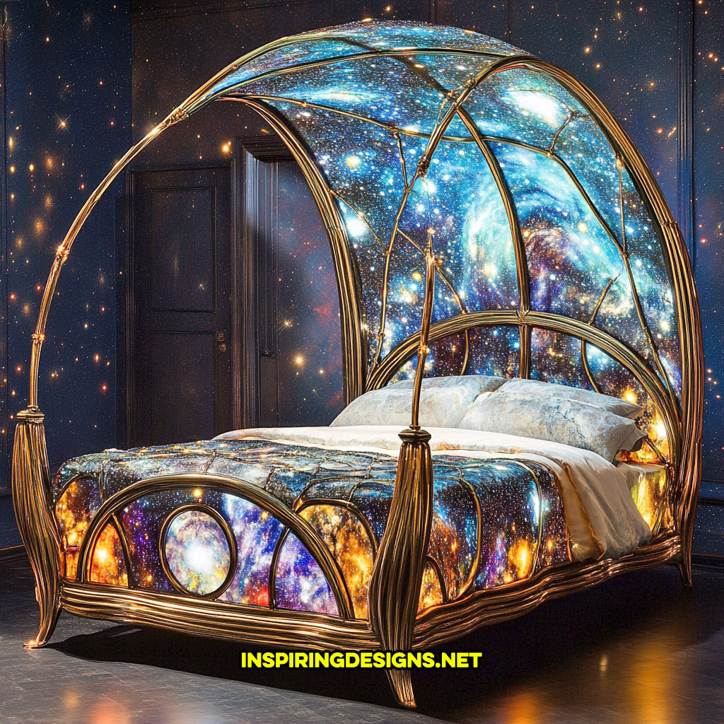 canopy style stained glass bed in a space and celestial design