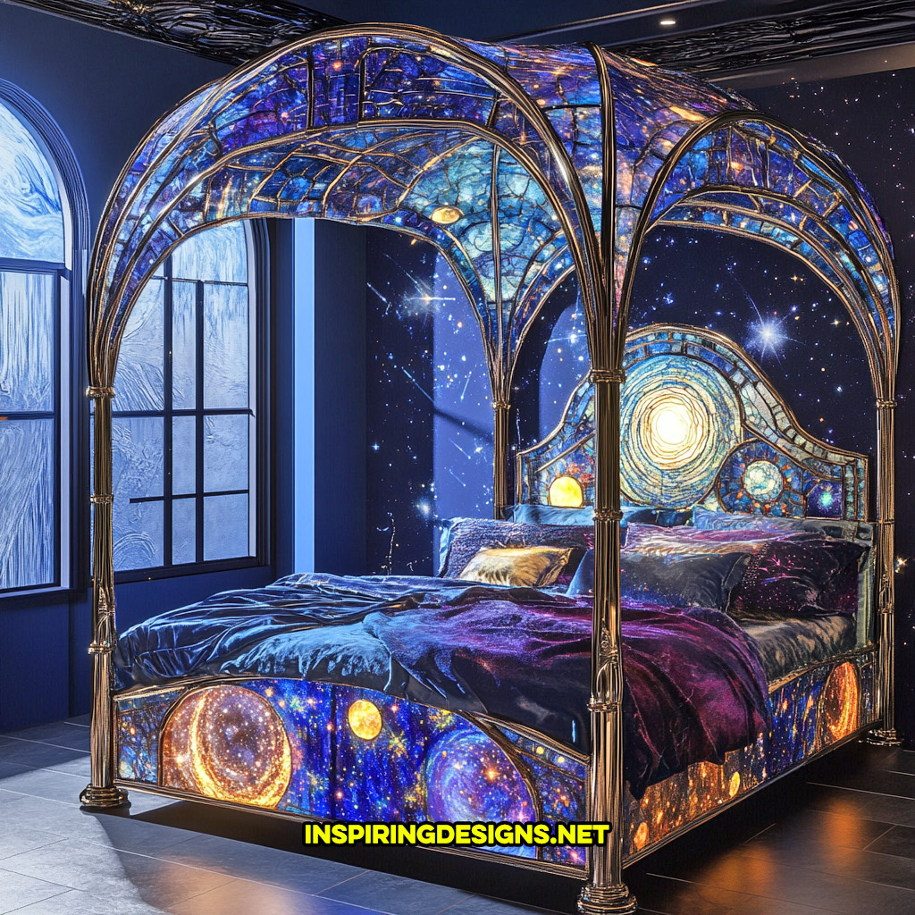 canopy style stained glass bed in a space and celestial design