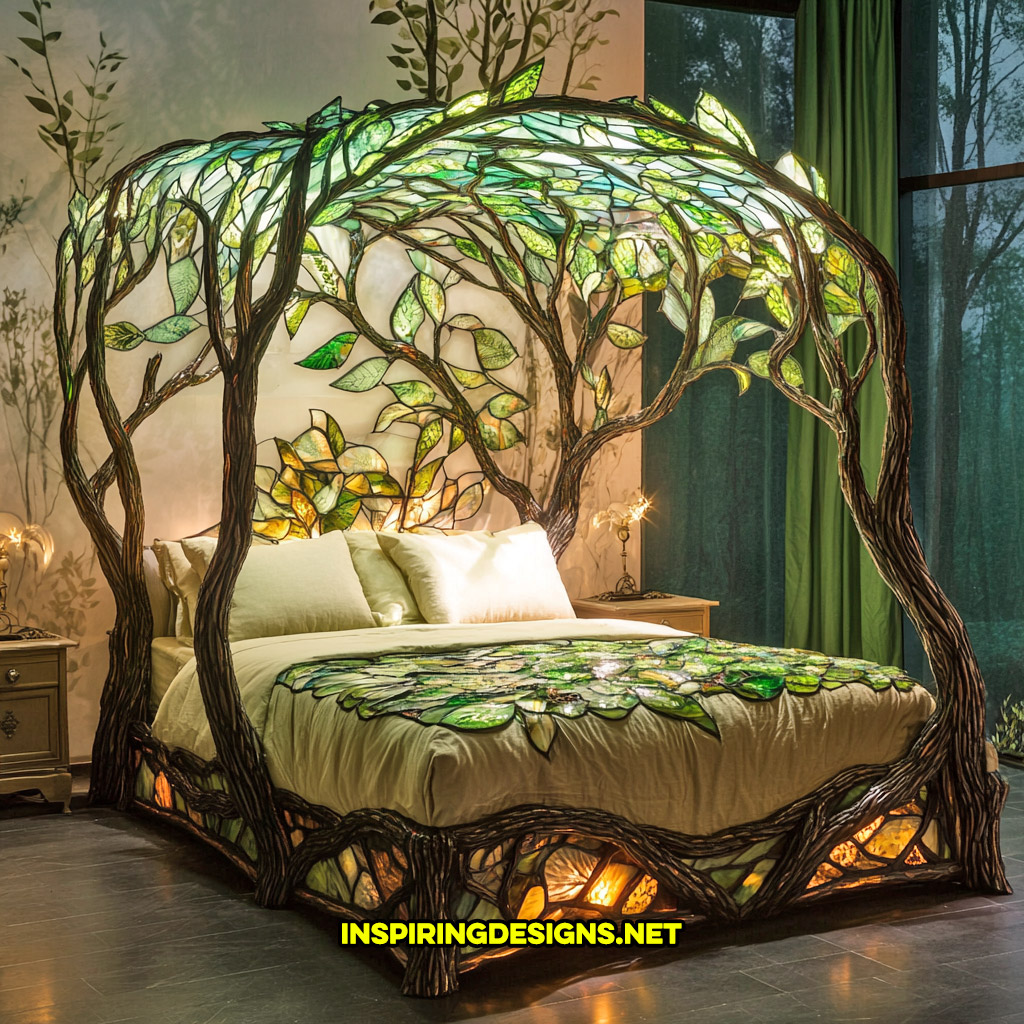 canopy style stained glass bed in a green nature design