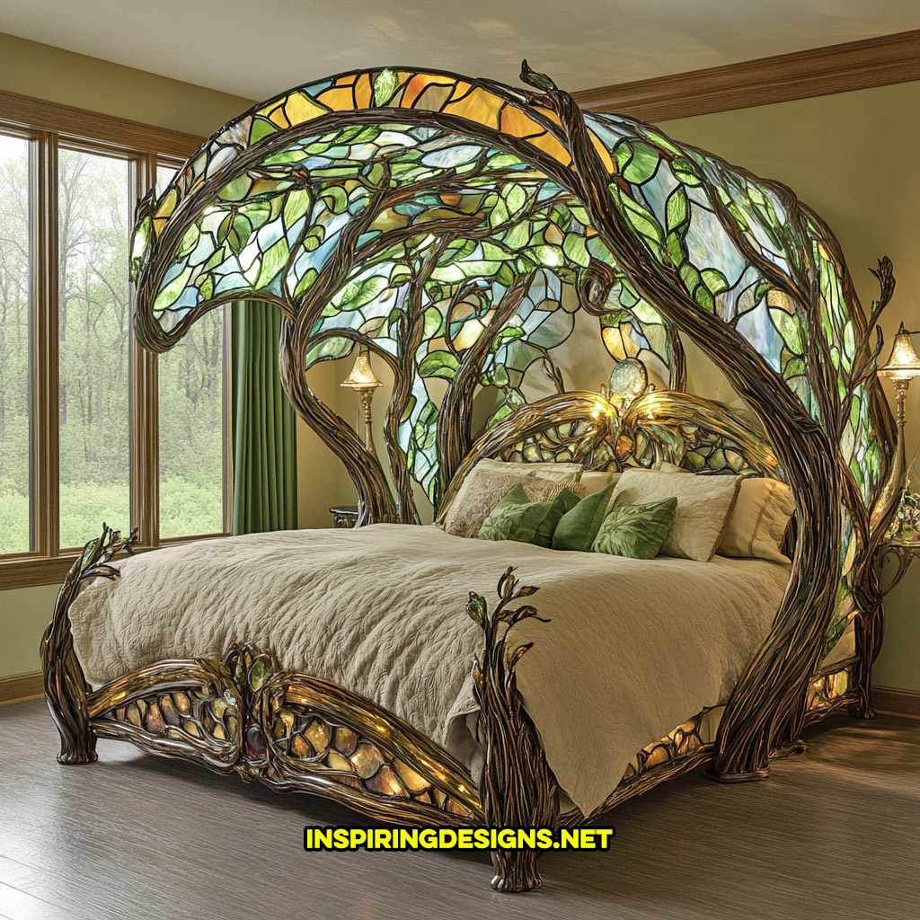 canopy style stained glass bed in a green nature design