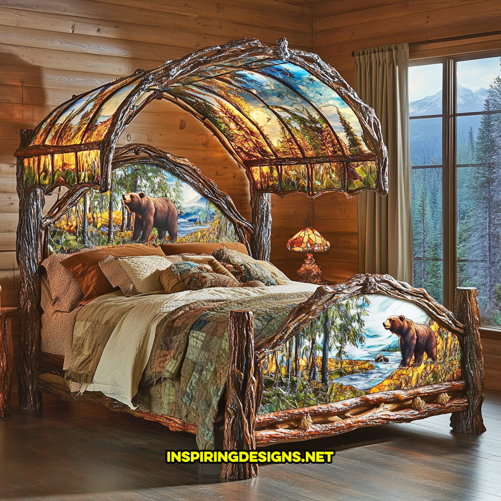 canopy style stained glass bed in a nature and grizzly bear design