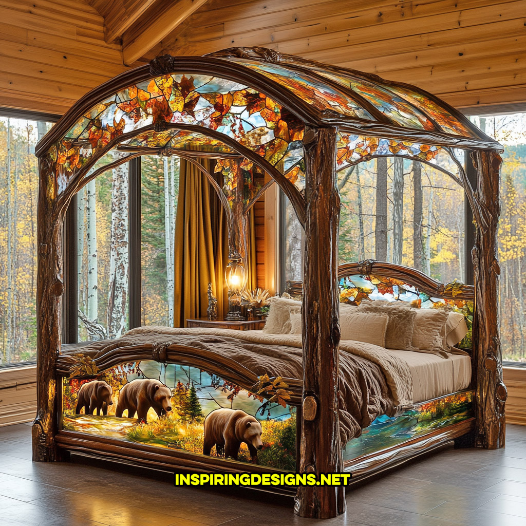 canopy style stained glass bed in a nature and grizzly bear design