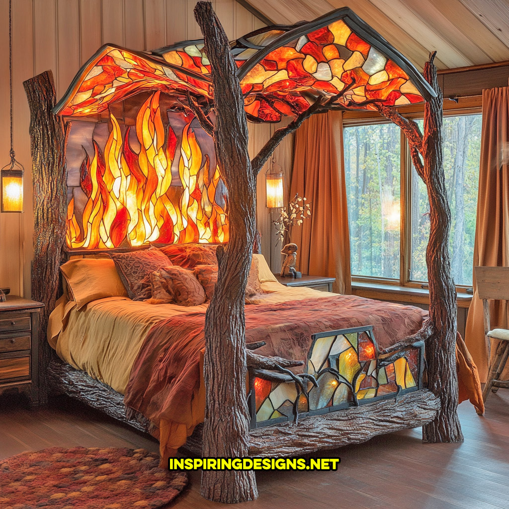 canopy style stained glass bed in a campfire design