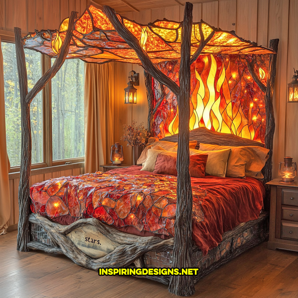 canopy style stained glass bed in a campfire design