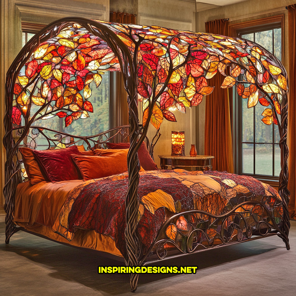 canopy style stained glass bed in an autumn leaf design